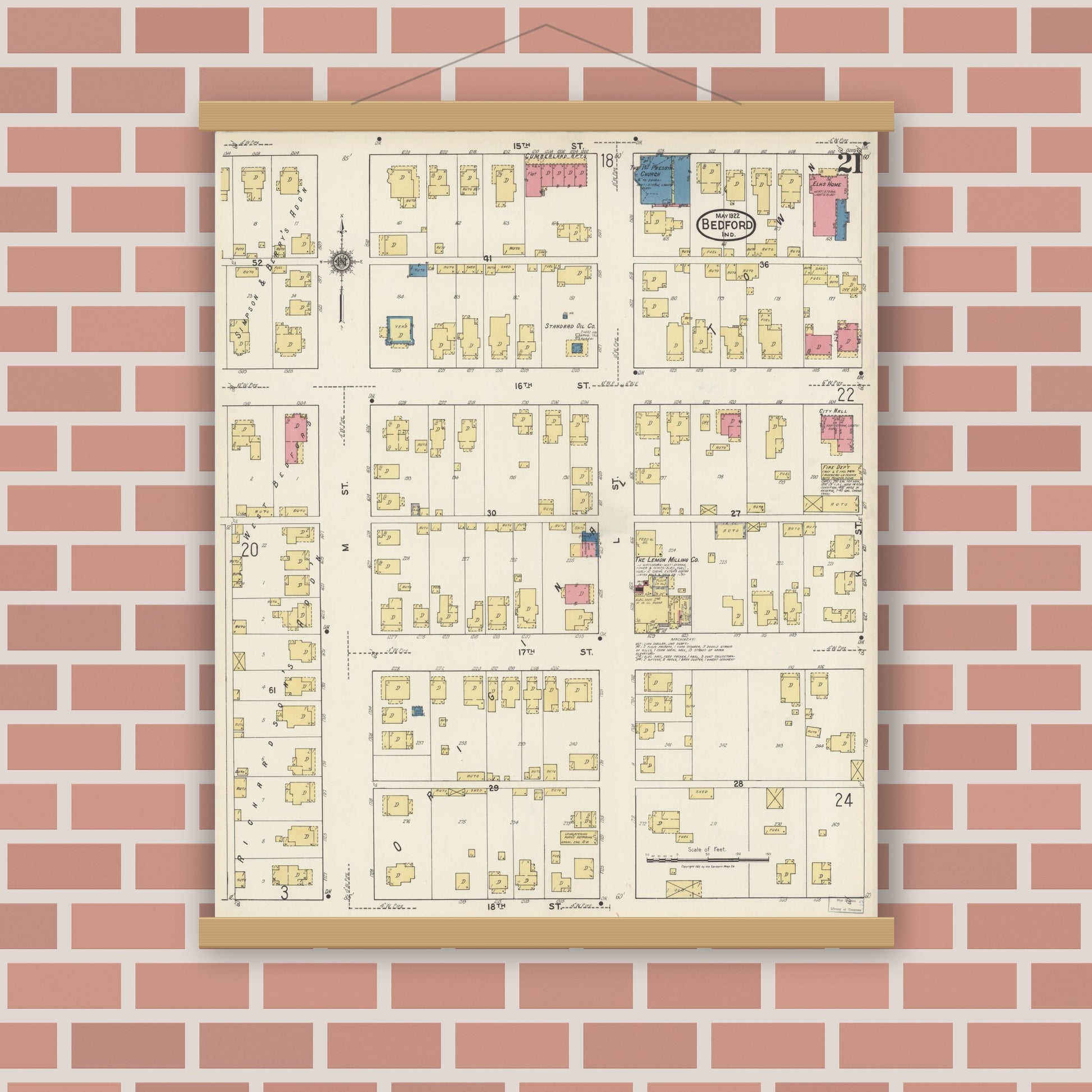 Old map wall art mockup — magnetic wood frame on brick wall — Sanborn Fire Insurance Map from Bedford, Lawrence County, Indiana (1922), Sheet #0021