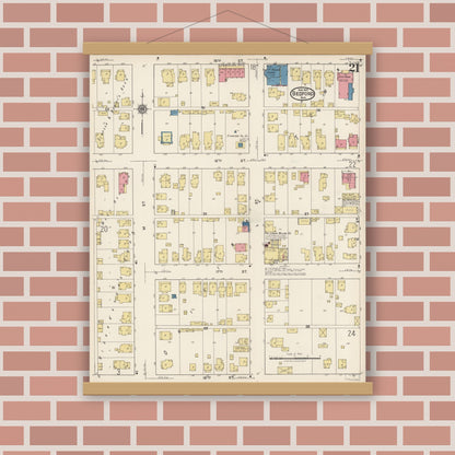 Old map wall art mockup — magnetic wood frame on brick wall — Sanborn Fire Insurance Map from Bedford, Lawrence County, Indiana (1922), Sheet #0021
