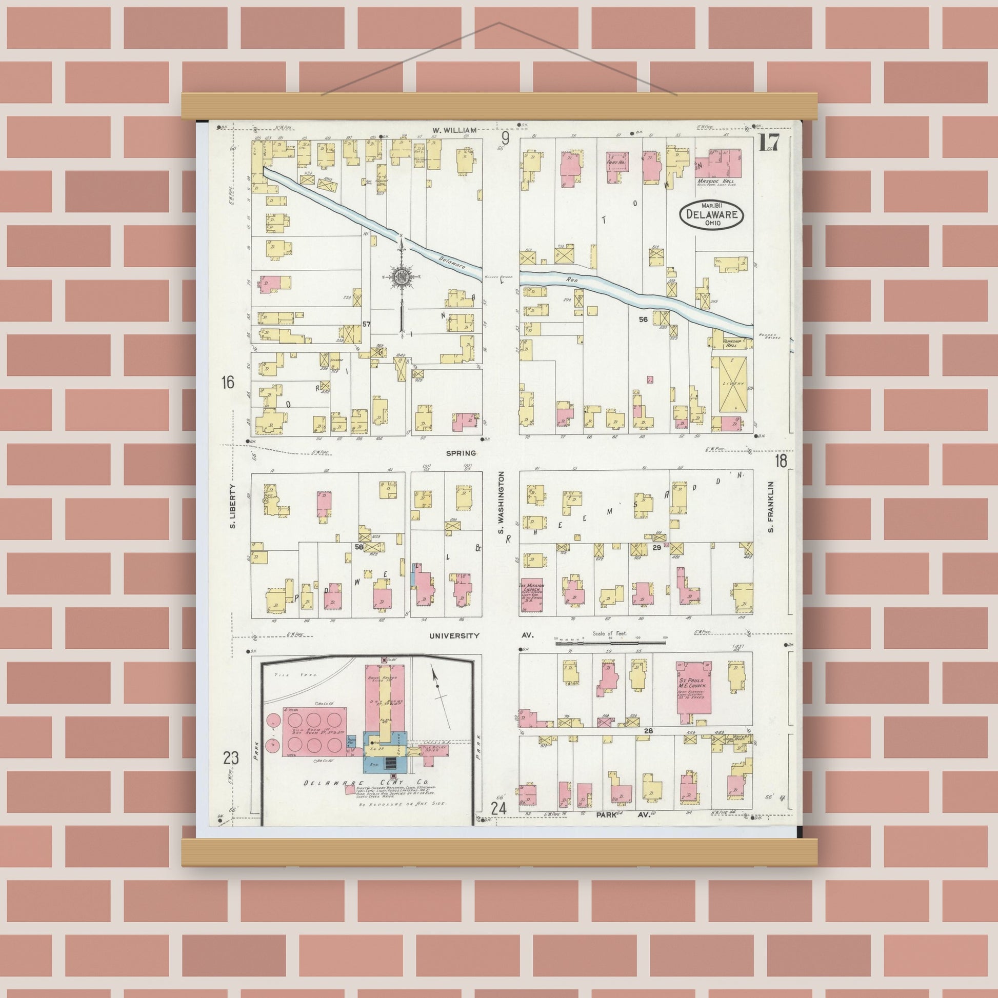Old map wall art mockup — magnetic wood frame on brick wall — Sanborn Fire Insurance Map from Delaware, Delaware County, Ohio (1911), Sheet #0017