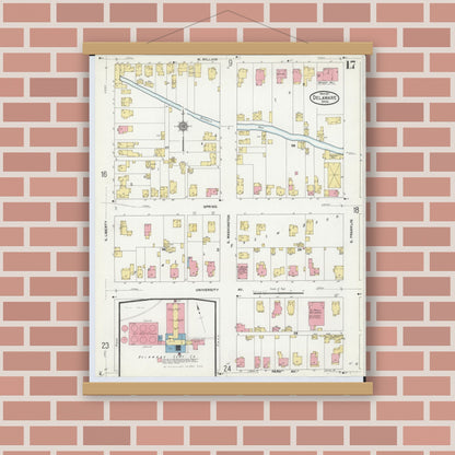 Old map wall art mockup — magnetic wood frame on brick wall — Sanborn Fire Insurance Map from Delaware, Delaware County, Ohio (1911), Sheet #0017