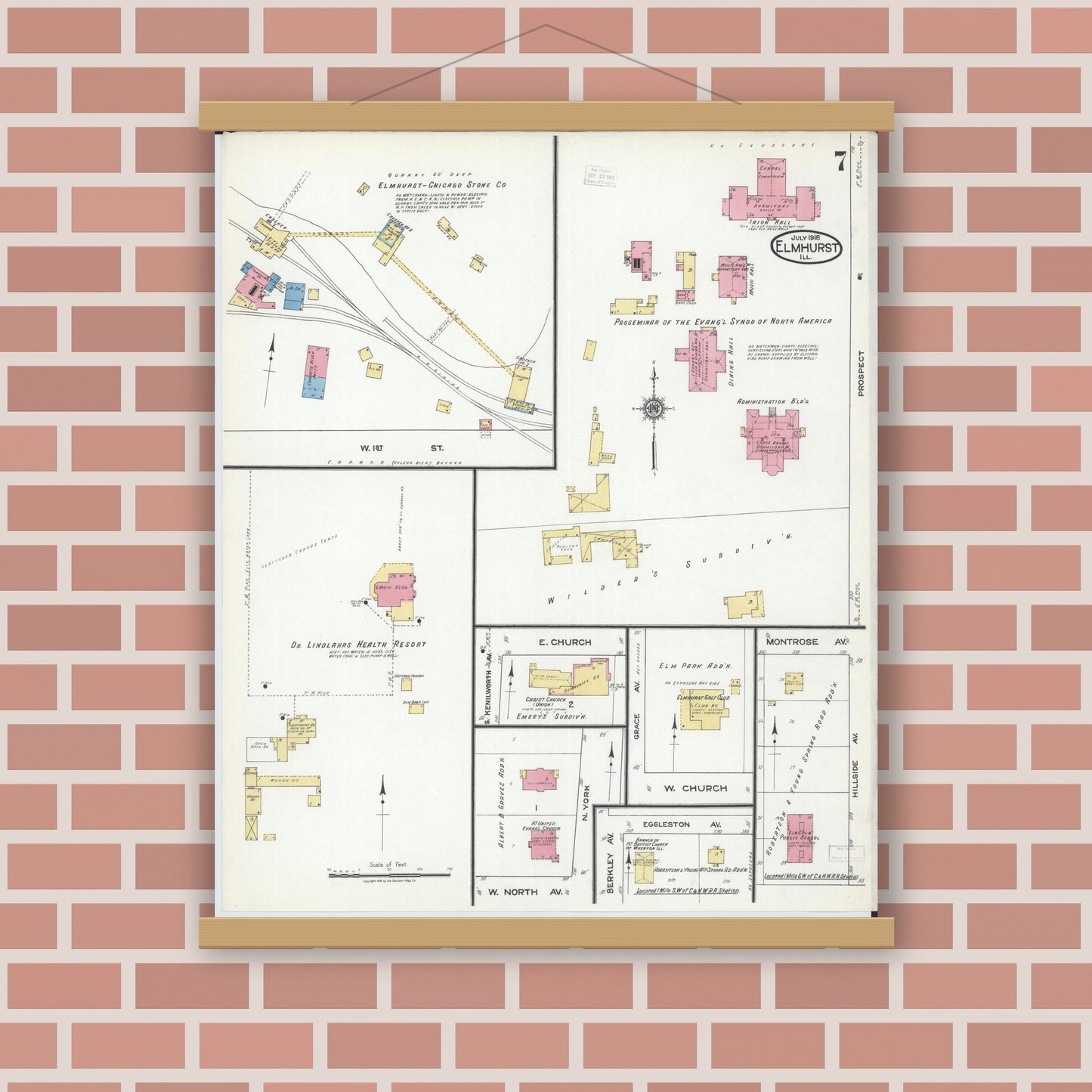 Old map wall art mockup — magnetic wood frame on brick wall — Sanborn Fire Insurance Map from Elmhurst, Du Page County, Illinois (1918), Sheet #0007