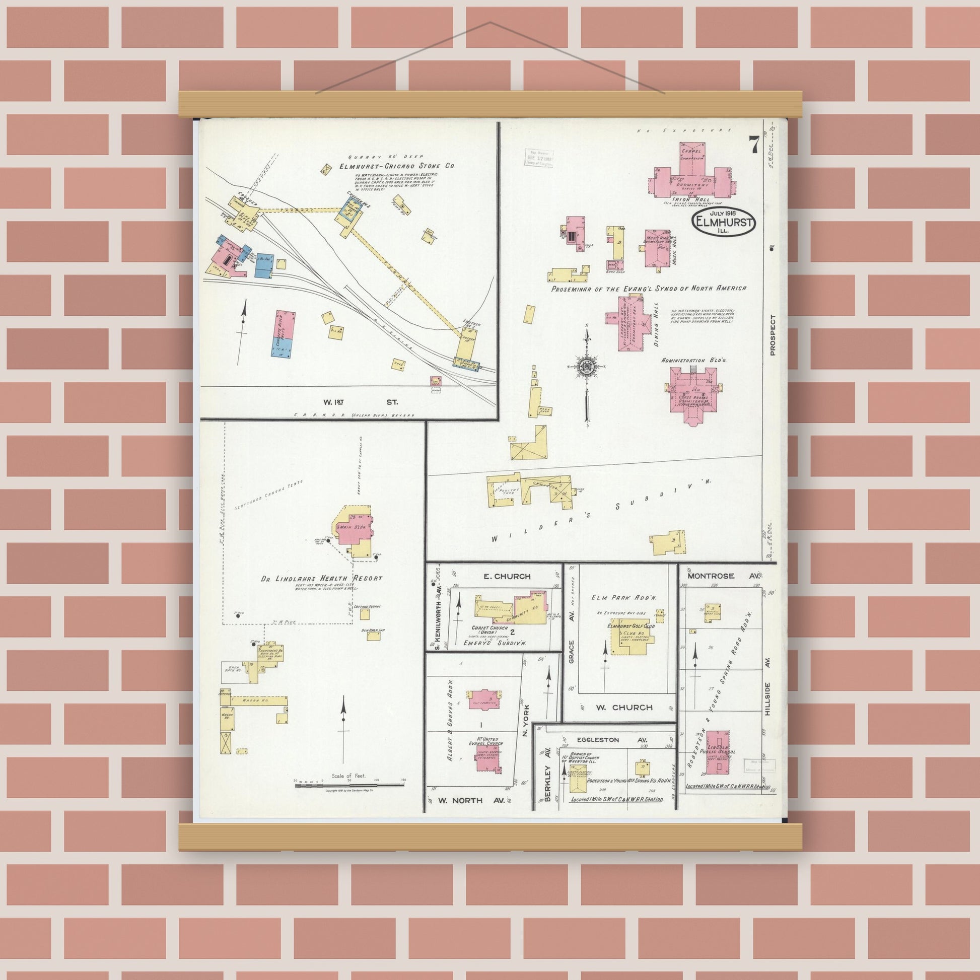 Old map wall art mockup — magnetic wood frame on brick wall — Sanborn Fire Insurance Map from Elmhurst, Du Page County, Illinois (1918), Sheet #0007