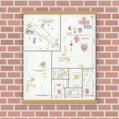 Old map wall art mockup — magnetic wood frame on brick wall — Sanborn Fire Insurance Map from Elmhurst, Du Page County, Illinois (1918), Sheet #0007