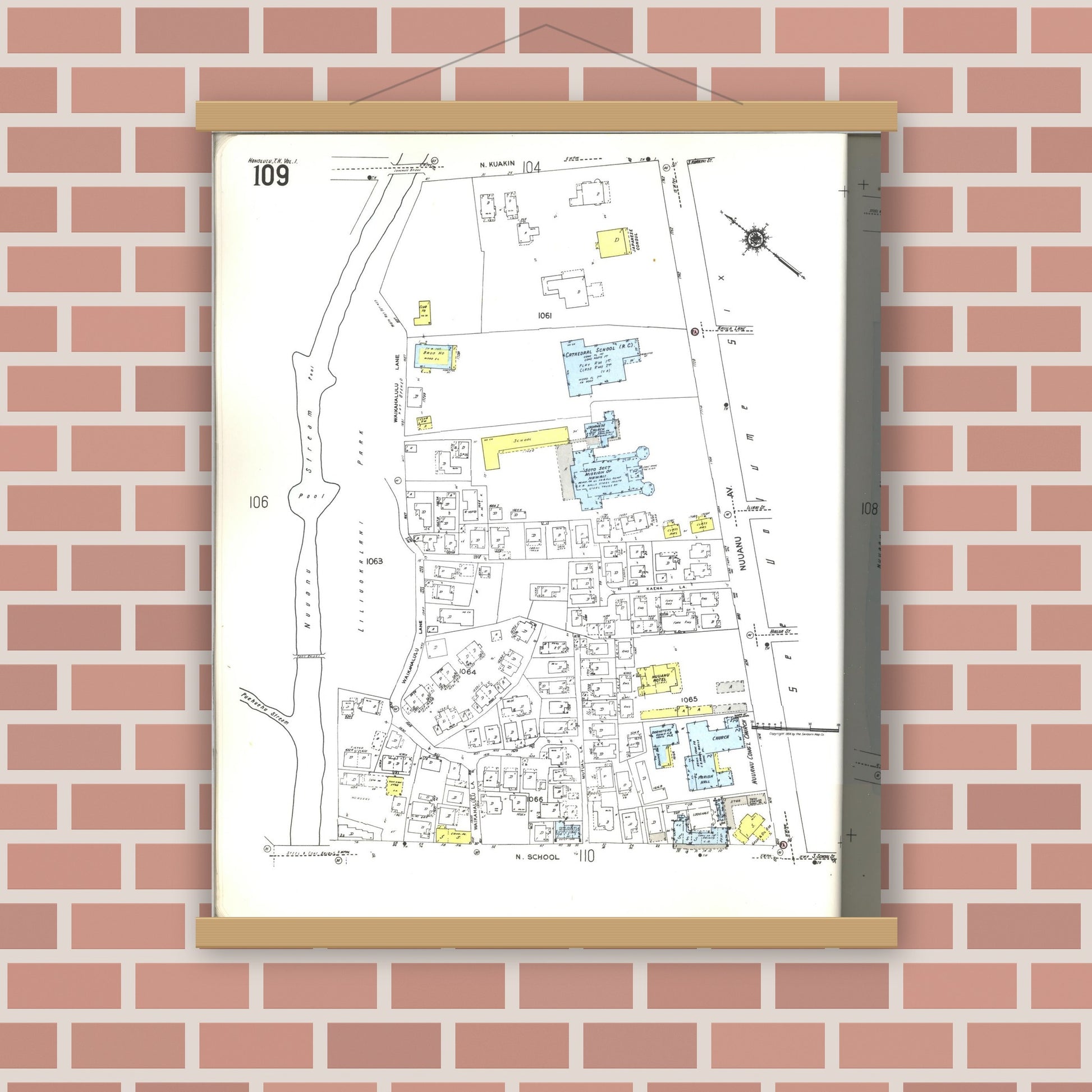 Old map wall art mockup — magnetic wood frame on brick wall — Sanborn Fire Insurance Map from Honolulu, Oahu County, Hawaii (1955), Sheet #0109