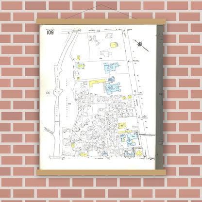 Old map wall art mockup — magnetic wood frame on brick wall — Sanborn Fire Insurance Map from Honolulu, Oahu County, Hawaii (1955), Sheet #0109