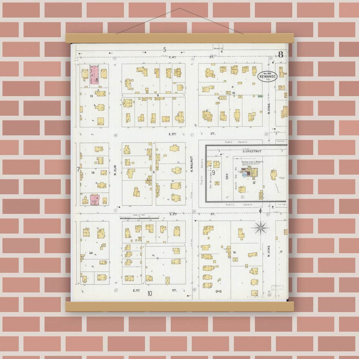 Old map wall art mockup — magnetic wood frame on brick wall — Sanborn Fire Insurance Map from Kewanee, Henry County, Illinois (1899), Sheet #0008