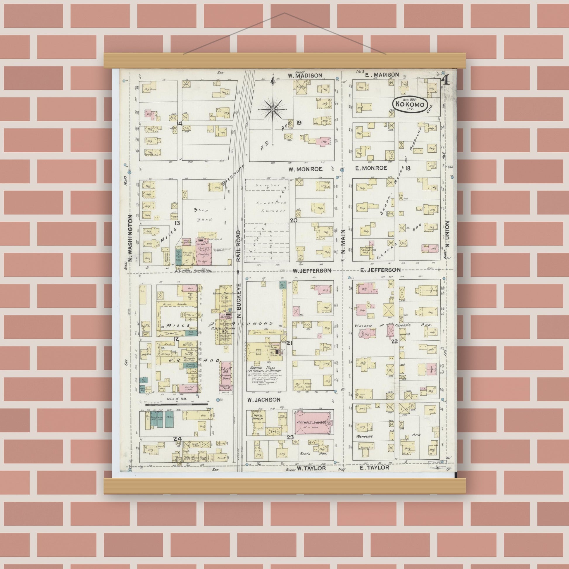 Old map wall art mockup — magnetic wood frame on brick wall — Sanborn Fire Insurance Map from Kokomo, Howard County, Indiana (1889), Sheet #0004