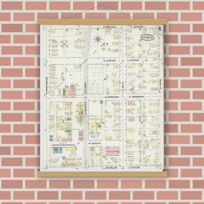 Old map wall art mockup — magnetic wood frame on brick wall — Sanborn Fire Insurance Map from Kokomo, Howard County, Indiana (1889), Sheet #0004