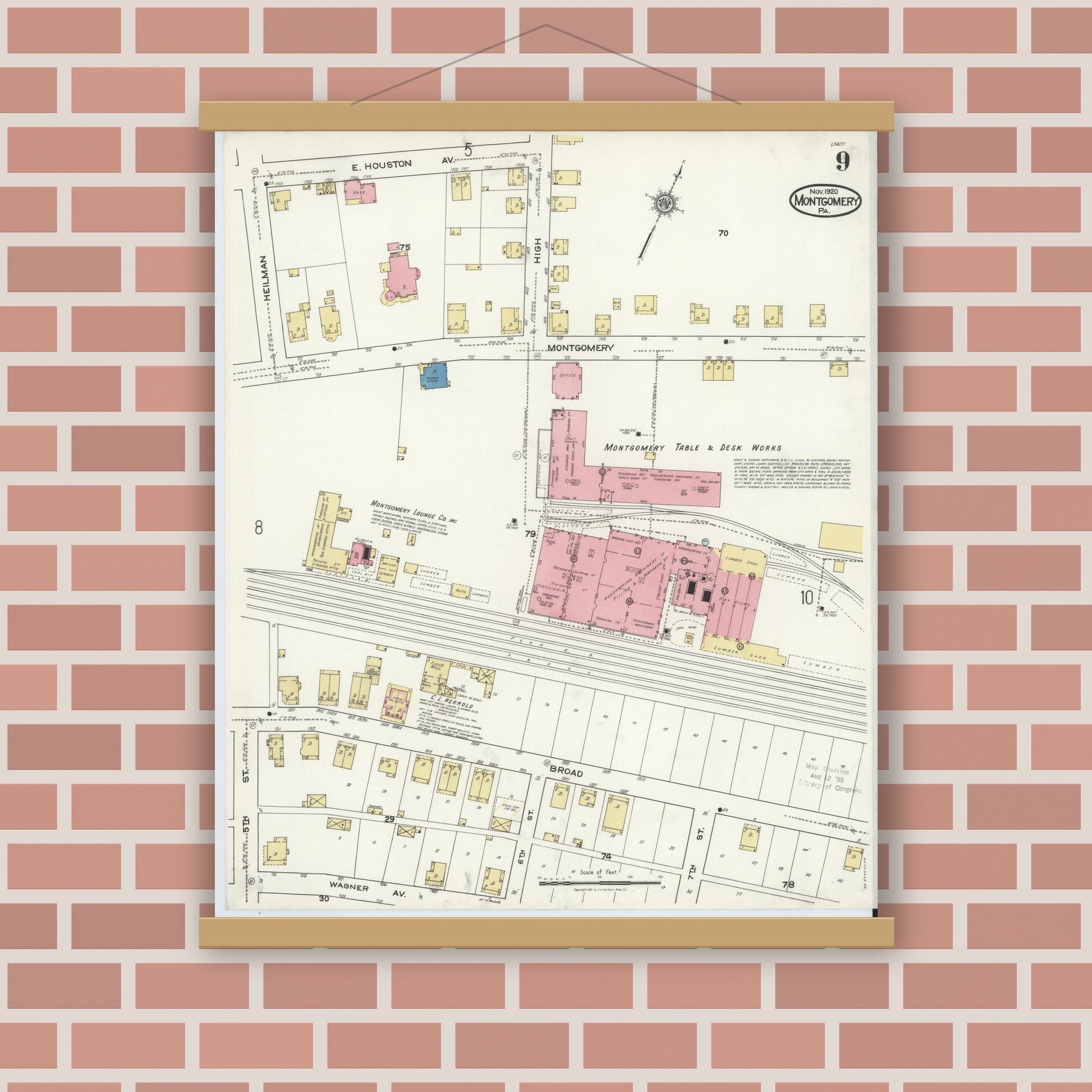 Old map wall art mockup — magnetic wood frame on brick wall — Sanborn Fire Insurance Map from Montgomery, Lycoming County, Pennsylvania (1920), Sheet #0009
