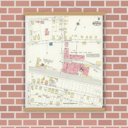 Old map wall art mockup — magnetic wood frame on brick wall — Sanborn Fire Insurance Map from Montgomery, Lycoming County, Pennsylvania (1920), Sheet #0009