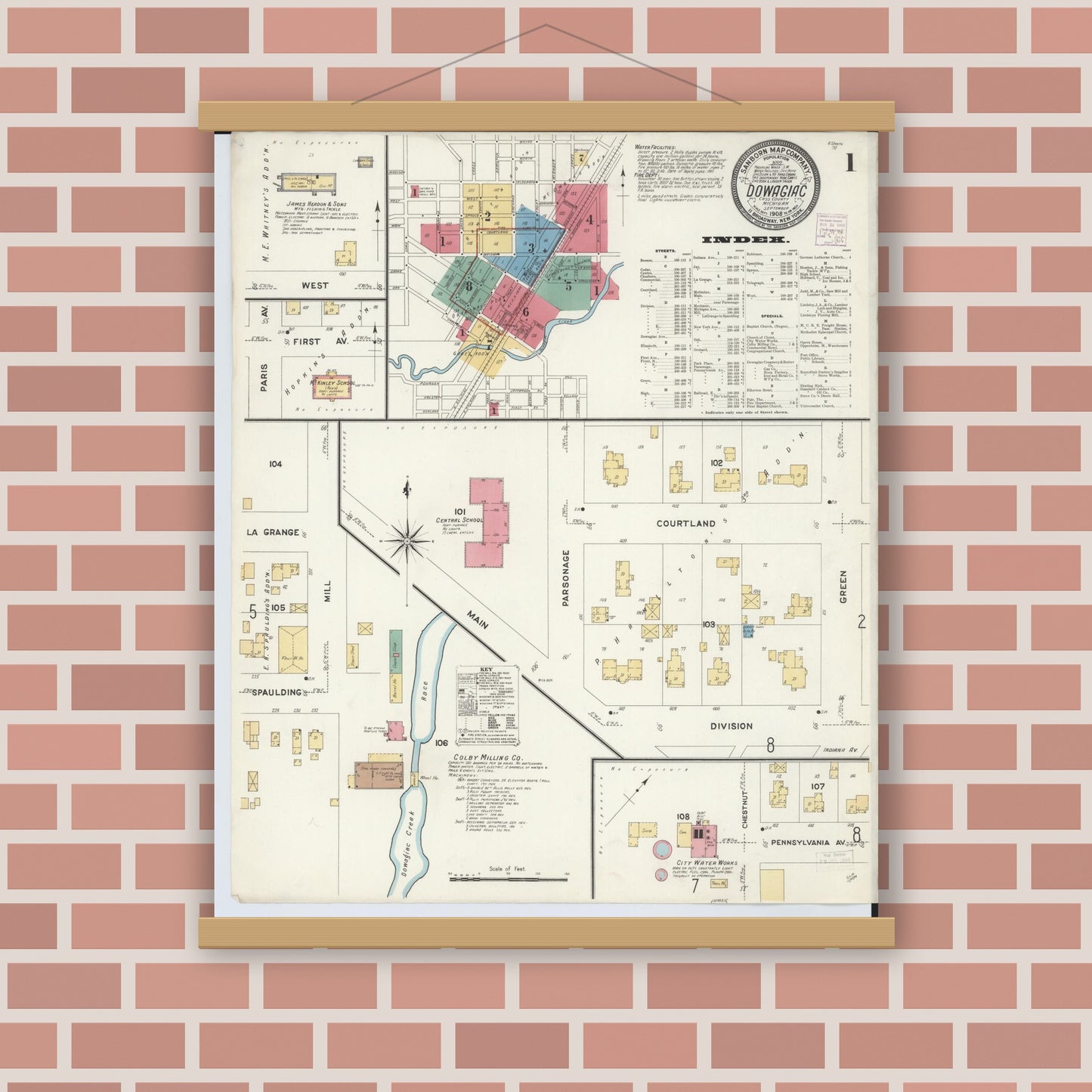 Old map wall art mockup — magnetic wood frame on brick wall — Sanborn Fire Insurance Map from Dowagiac, Cass County, Michigan (1908) - Complete Map Set