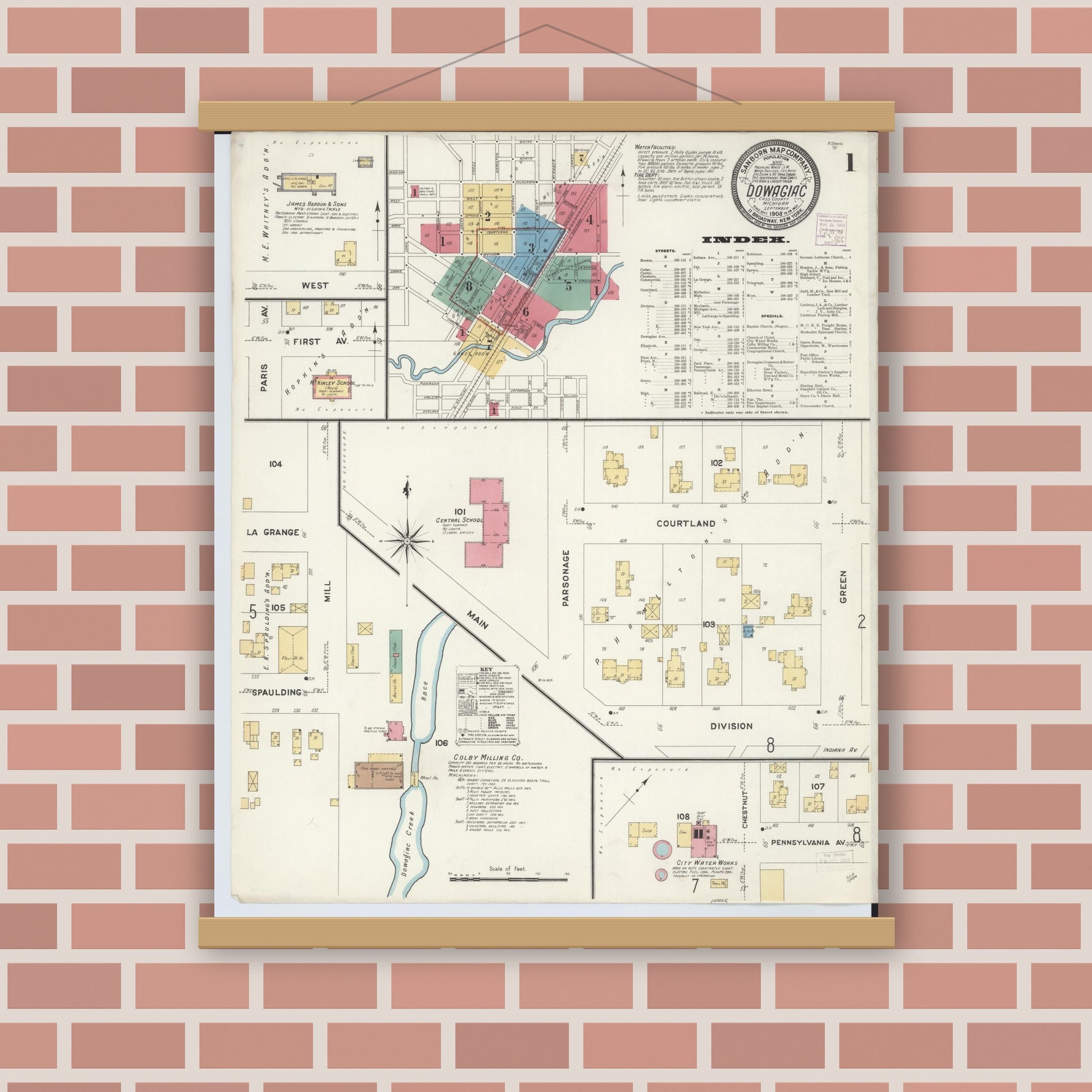 Old map wall art mockup — magnetic wood frame on brick wall — Sanborn Fire Insurance Map from Dowagiac, Cass County, Michigan (1908) - Complete Map Set