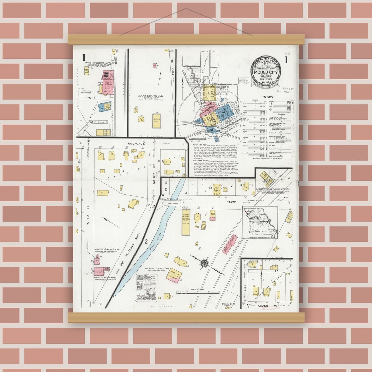 Old map wall art mockup — magnetic wood frame on brick wall — Sanborn Fire Insurance Map from Mound City, Holt County, Missouri (1928), Sheet #0001
