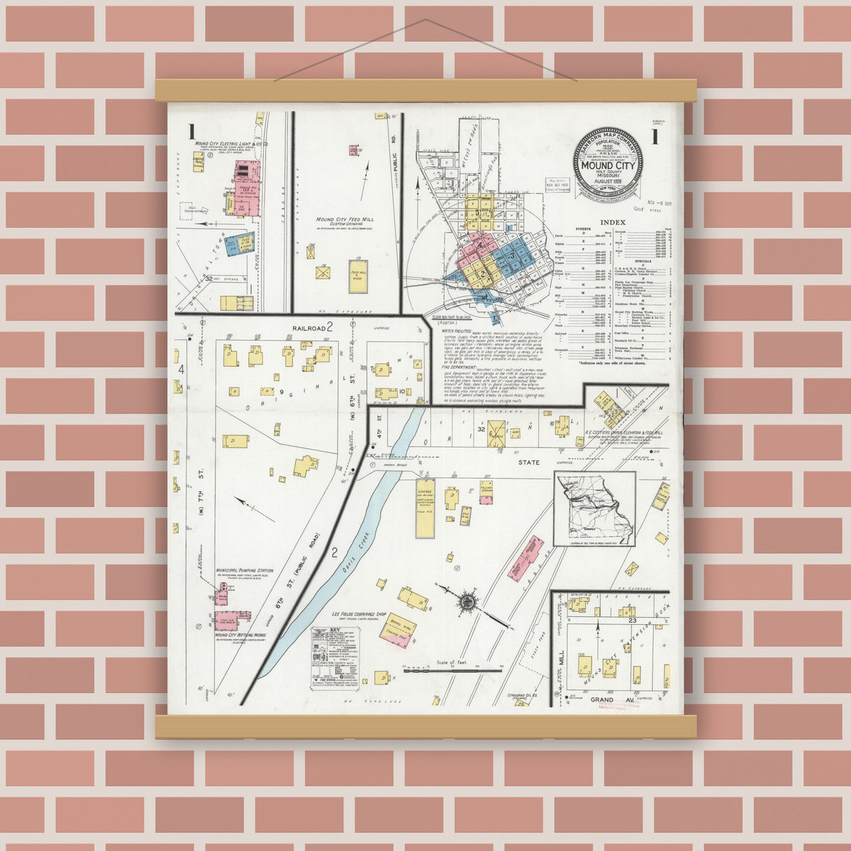 Old map wall art mockup — magnetic wood frame on brick wall — Sanborn Fire Insurance Map from Mound City, Holt County, Missouri (1928), Sheet #0001