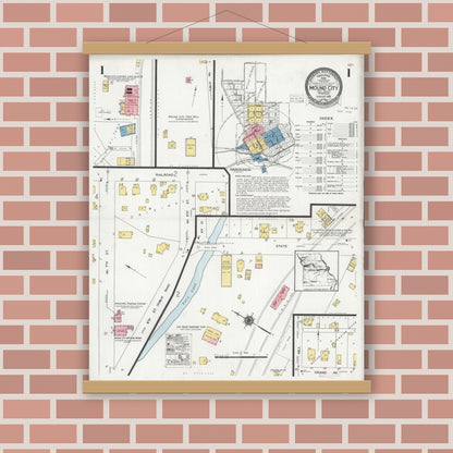 Old map wall art mockup — magnetic wood frame on brick wall — Sanborn Fire Insurance Map from Mound City, Holt County, Missouri (1928), Sheet #0001