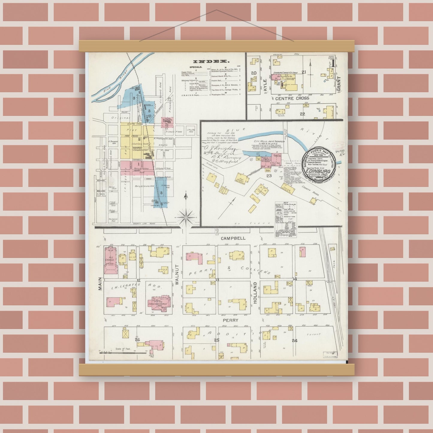 Old map wall art mockup — magnetic wood frame on brick wall — Sanborn Fire Insurance Map from Edinburg, Johnson And Bartholomew Counties, Indiana (1892) - Complete Map Set