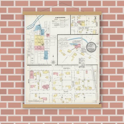 Old map wall art mockup — magnetic wood frame on brick wall — Sanborn Fire Insurance Map from Edinburg, Johnson And Bartholomew Counties, Indiana (1892) - Complete Map Set