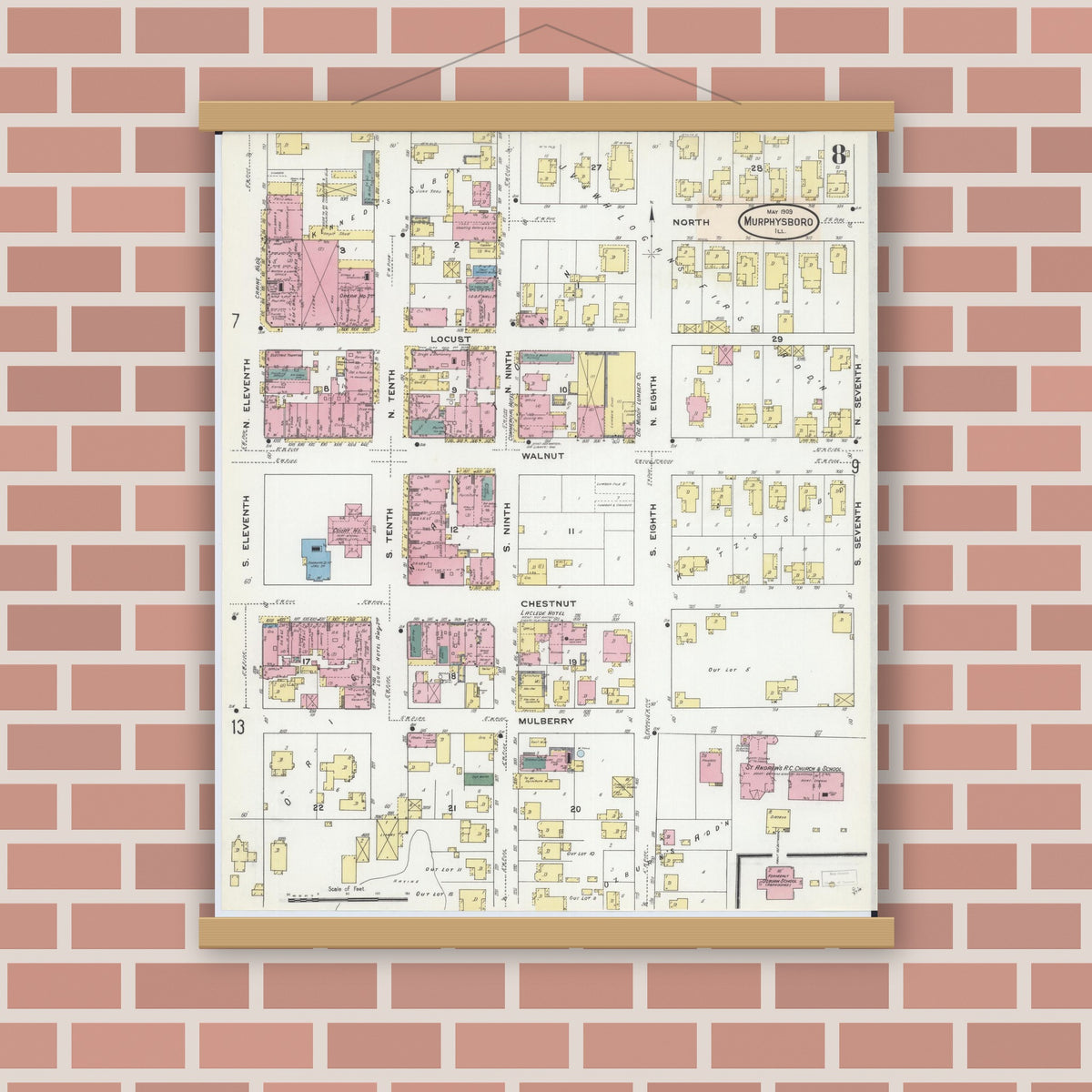 Old map wall art mockup — magnetic wood frame on brick wall — Sanborn Fire Insurance Map from Murphysboro, Jackson County, Illinois (1909), Sheet #0008