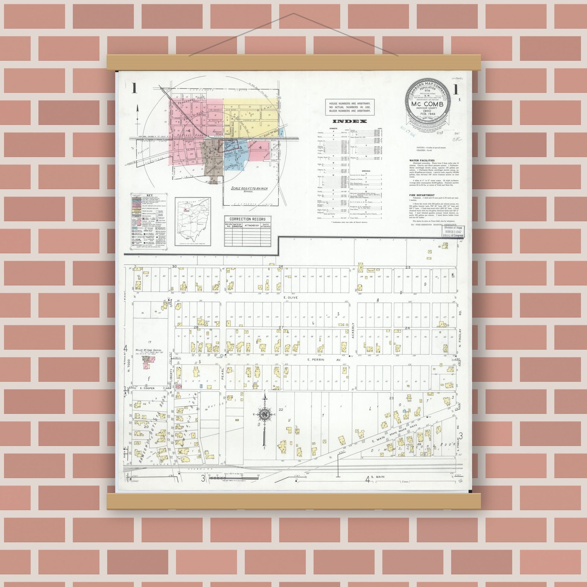 Old map wall art mockup — magnetic wood frame on brick wall — Sanborn Fire Insurance Map from McComb, Hancock County, Ohio (1946), Sheet #0001