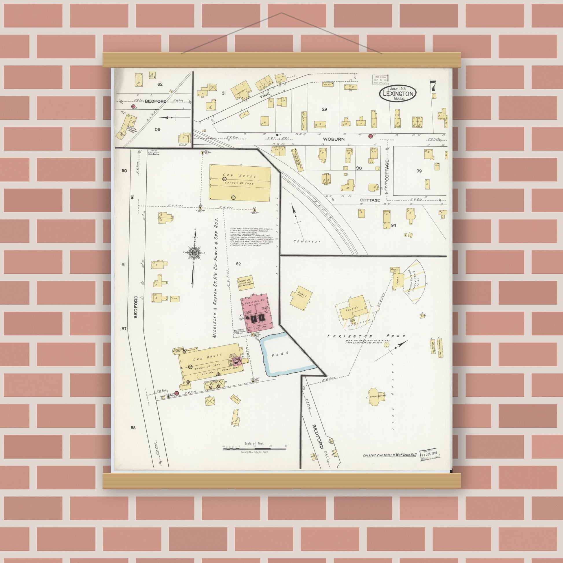 Old map wall art mockup — magnetic wood frame on brick wall — Sanborn Fire Insurance Map from Lexington, Middlesex County, Massachusetts (1918), Sheet #0007