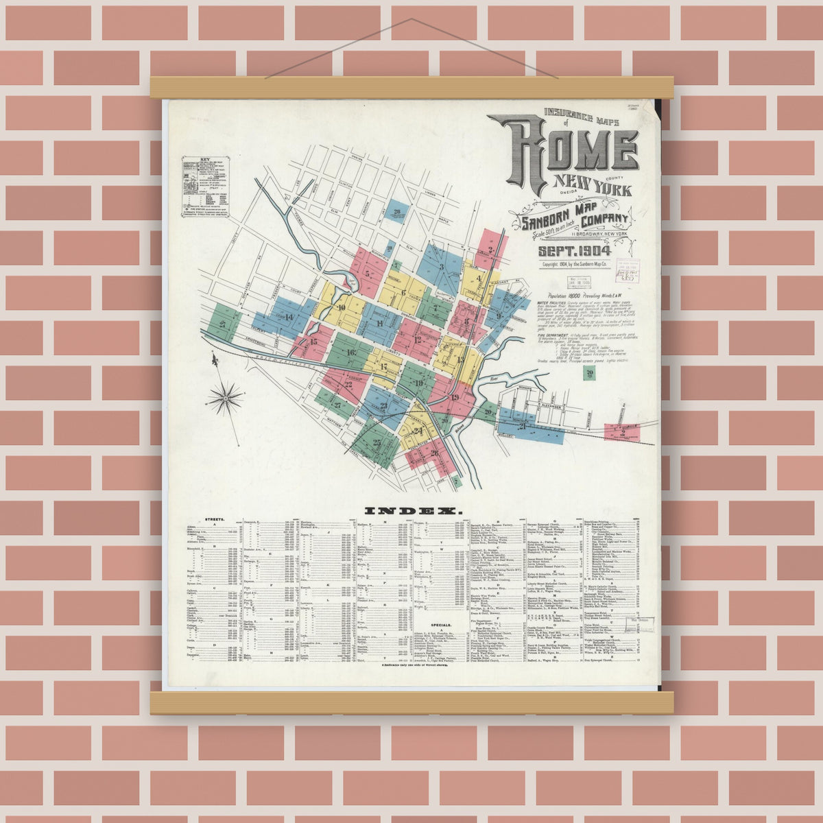 Old map wall art mockup — magnetic wood frame on brick wall — Sanborn Fire Insurance Map from Rome, Oneida County, New York (1904) - Complete Map Set