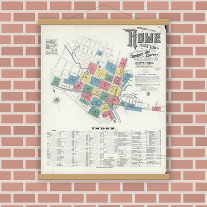 Old map wall art mockup — magnetic wood frame on brick wall — Sanborn Fire Insurance Map from Rome, Oneida County, New York (1904) - Complete Map Set