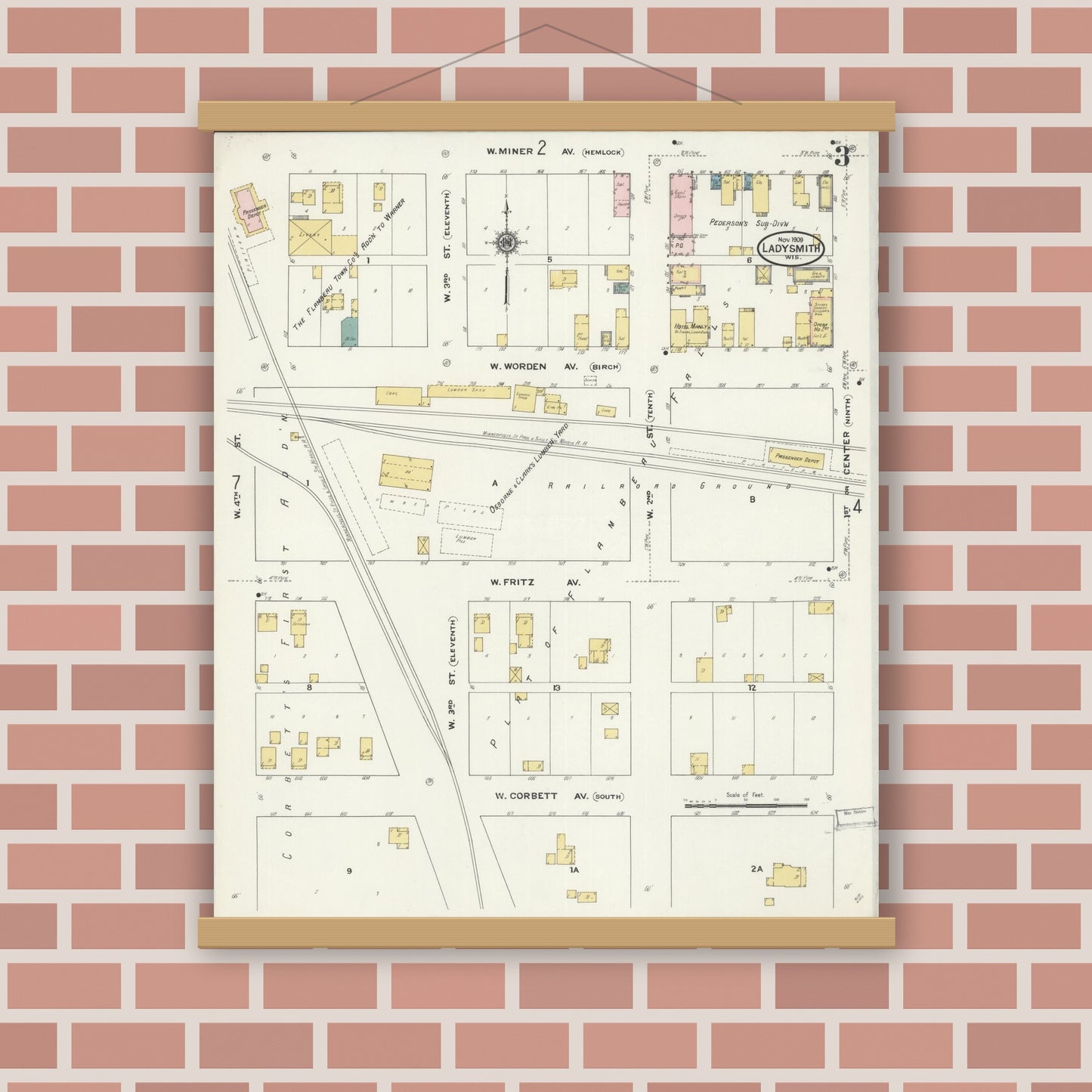 Old map wall art mockup — magnetic wood frame on brick wall — Sanborn Fire Insurance Map from Ladysmith, Rusk County, Wisconsin (1909), Sheet #0003