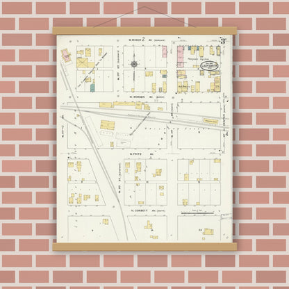 Old map wall art mockup — magnetic wood frame on brick wall — Sanborn Fire Insurance Map from Ladysmith, Rusk County, Wisconsin (1909), Sheet #0003