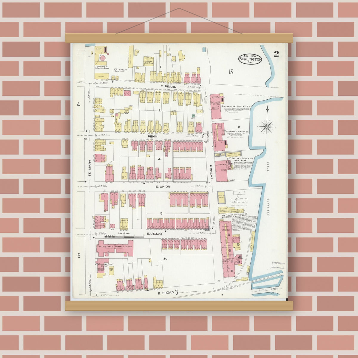 Old map wall art mockup — magnetic wood frame on brick wall — Sanborn Fire Insurance Map from Burlington, Burlington County, New Jersey (1908), Sheet #0001