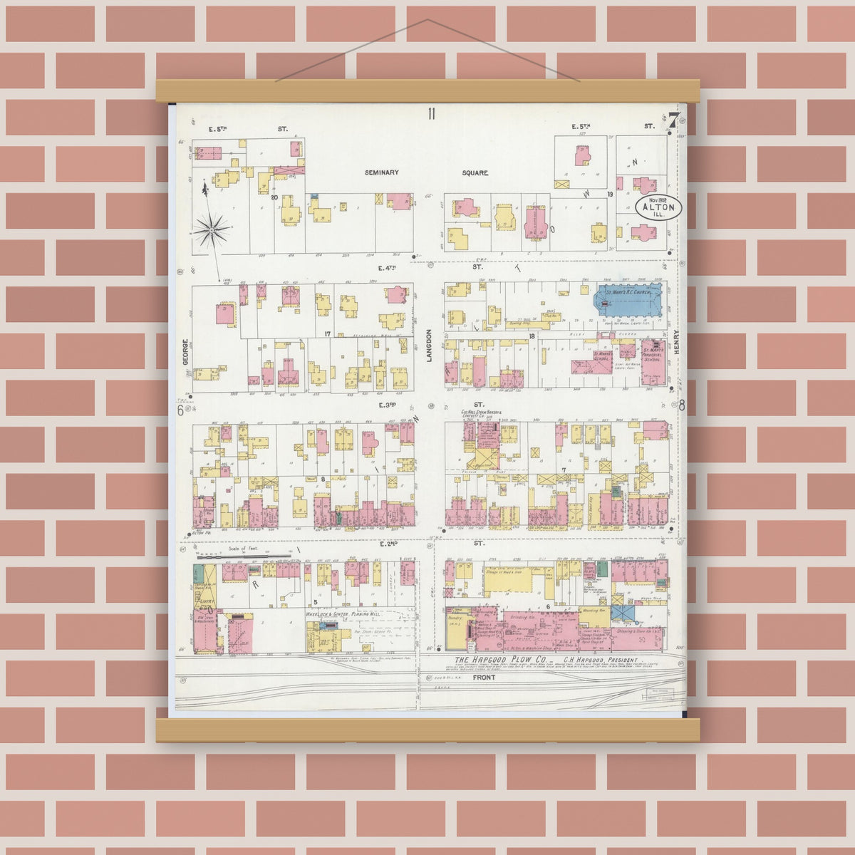 Old map wall art mockup — magnetic wood frame on brick wall — Sanborn Fire Insurance Map from Alton, Madison County, Illinois (1902), Sheet #0007