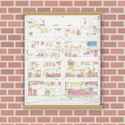Old map wall art mockup — magnetic wood frame on brick wall — Sanborn Fire Insurance Map from Alton, Madison County, Illinois (1902), Sheet #0007