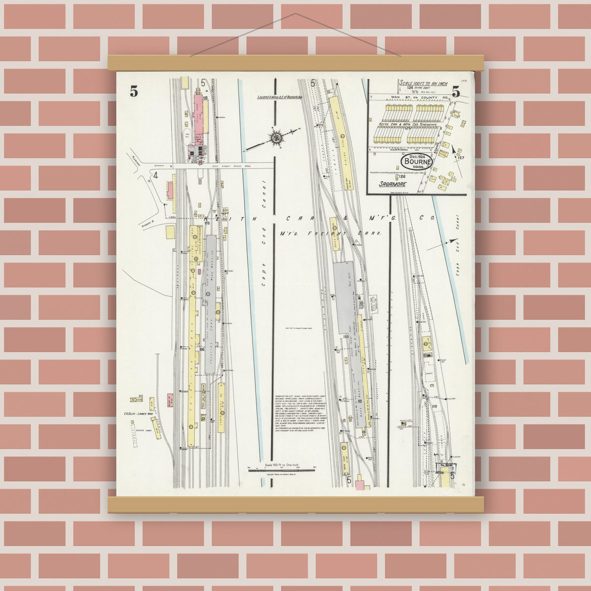 Old map wall art mockup — magnetic wood frame on brick wall — Sanborn Fire Insurance Map from Bourne, Barnstable County, Massachusetts (1924), Sheet #0005