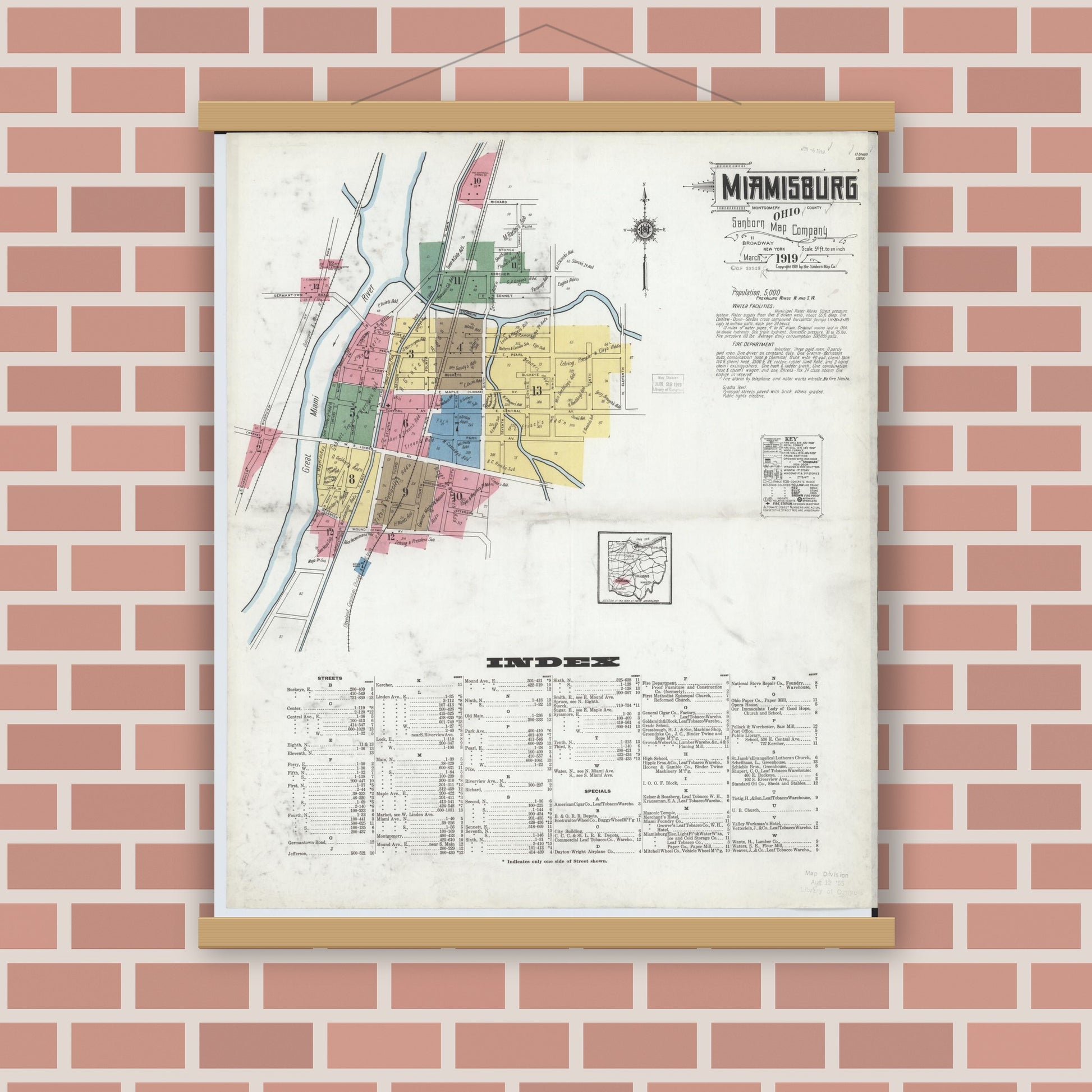 Old map wall art mockup — magnetic wood frame on brick wall — Sanborn Fire Insurance Map from Miamisburg, Montgomery County, Ohio (1919) - Complete Map Set