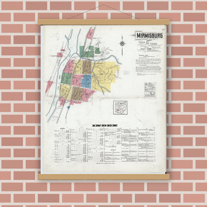 Old map wall art mockup — magnetic wood frame on brick wall — Sanborn Fire Insurance Map from Miamisburg, Montgomery County, Ohio (1919) - Complete Map Set