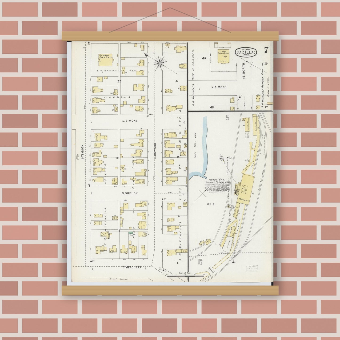 Old map wall art mockup — magnetic wood frame on brick wall — Sanborn Fire Insurance Map from Cadillac, Wexford County, Michigan (1895), Sheet #0007