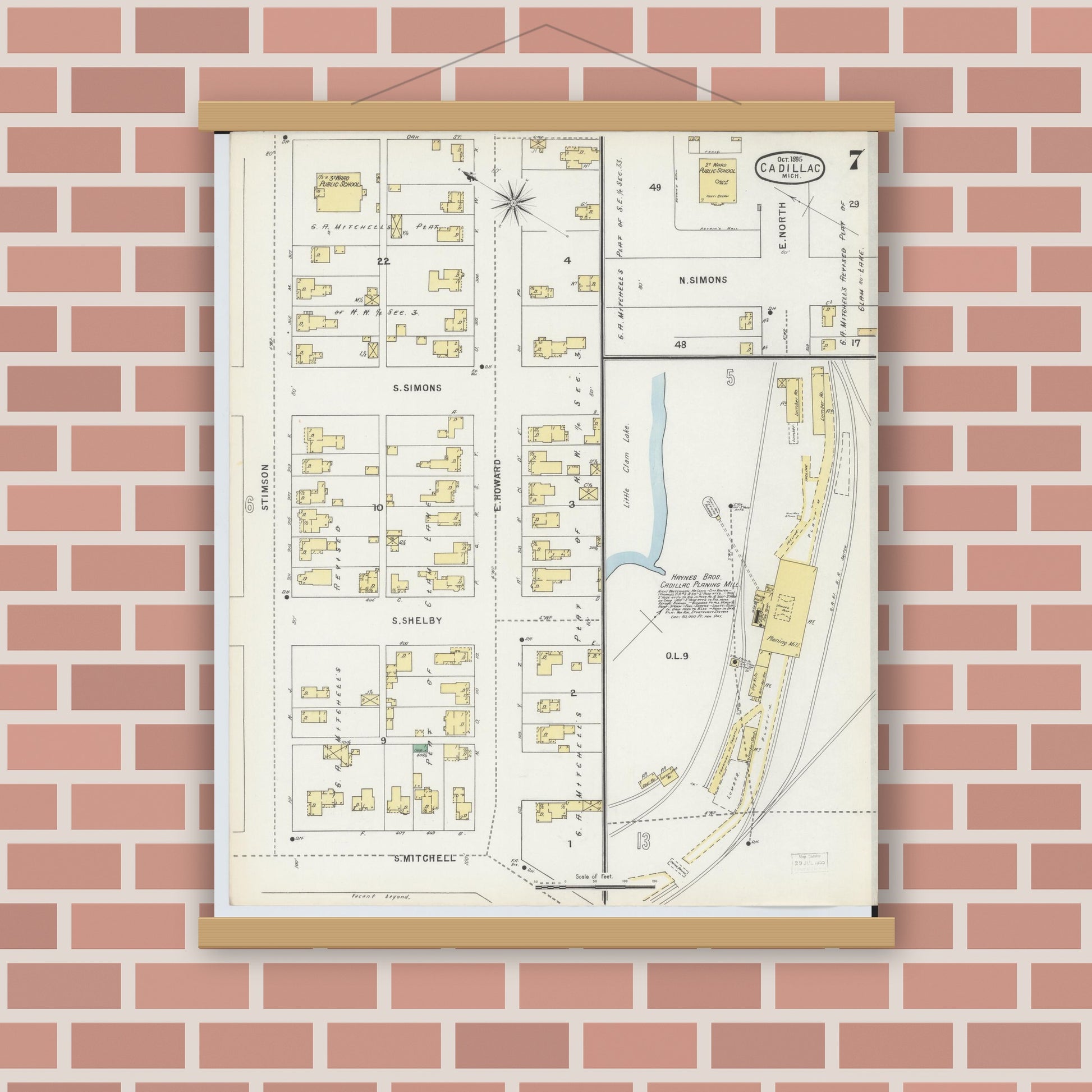 Old map wall art mockup — magnetic wood frame on brick wall — Sanborn Fire Insurance Map from Cadillac, Wexford County, Michigan (1895), Sheet #0007