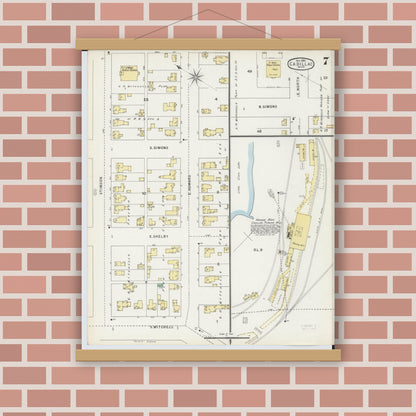 Old map wall art mockup — magnetic wood frame on brick wall — Sanborn Fire Insurance Map from Cadillac, Wexford County, Michigan (1895), Sheet #0007