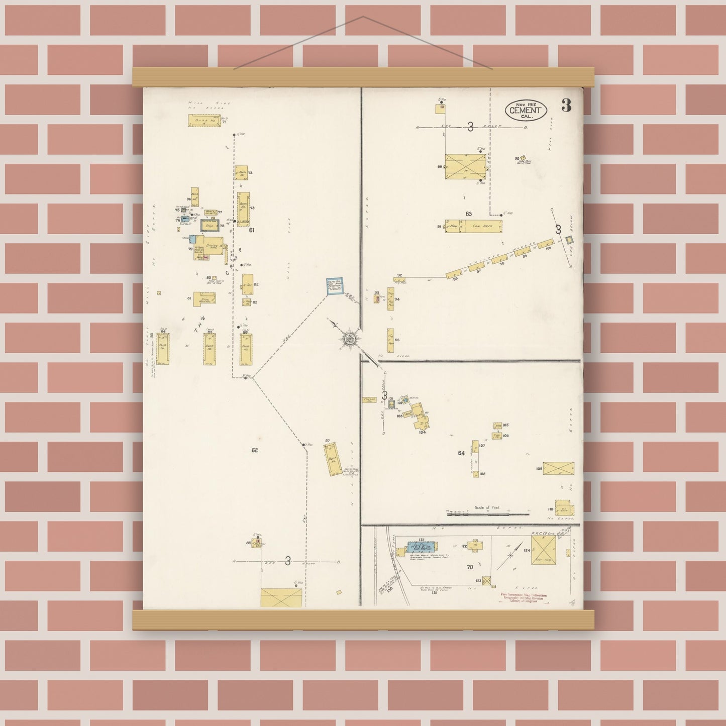Old map wall art mockup — magnetic wood frame on brick wall — Sanborn Fire Insurance Map from Cement, Solano County, California (1912), Sheet #0003