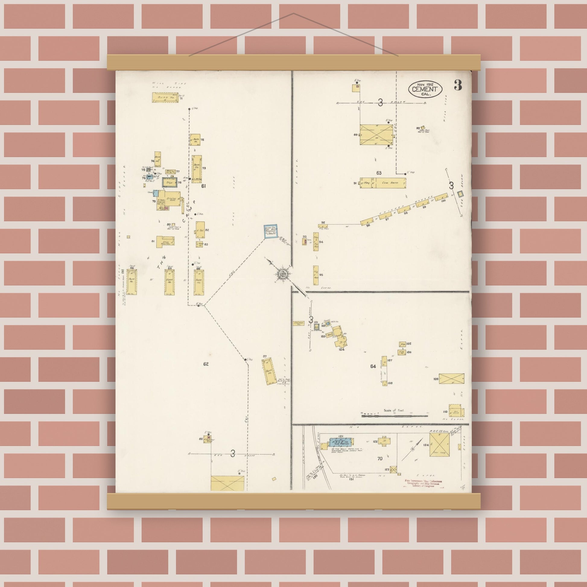 Old map wall art mockup — magnetic wood frame on brick wall — Sanborn Fire Insurance Map from Cement, Solano County, California (1912), Sheet #0003