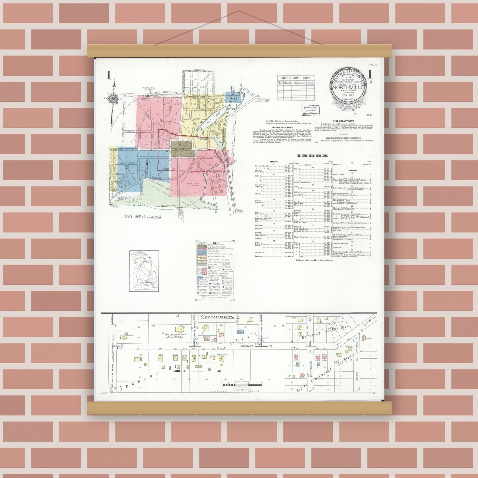 Old map wall art mockup — magnetic wood frame on brick wall — Sanborn Fire Insurance Map from Northville, Wayne County, Michigan (1942) - Complete Map Set