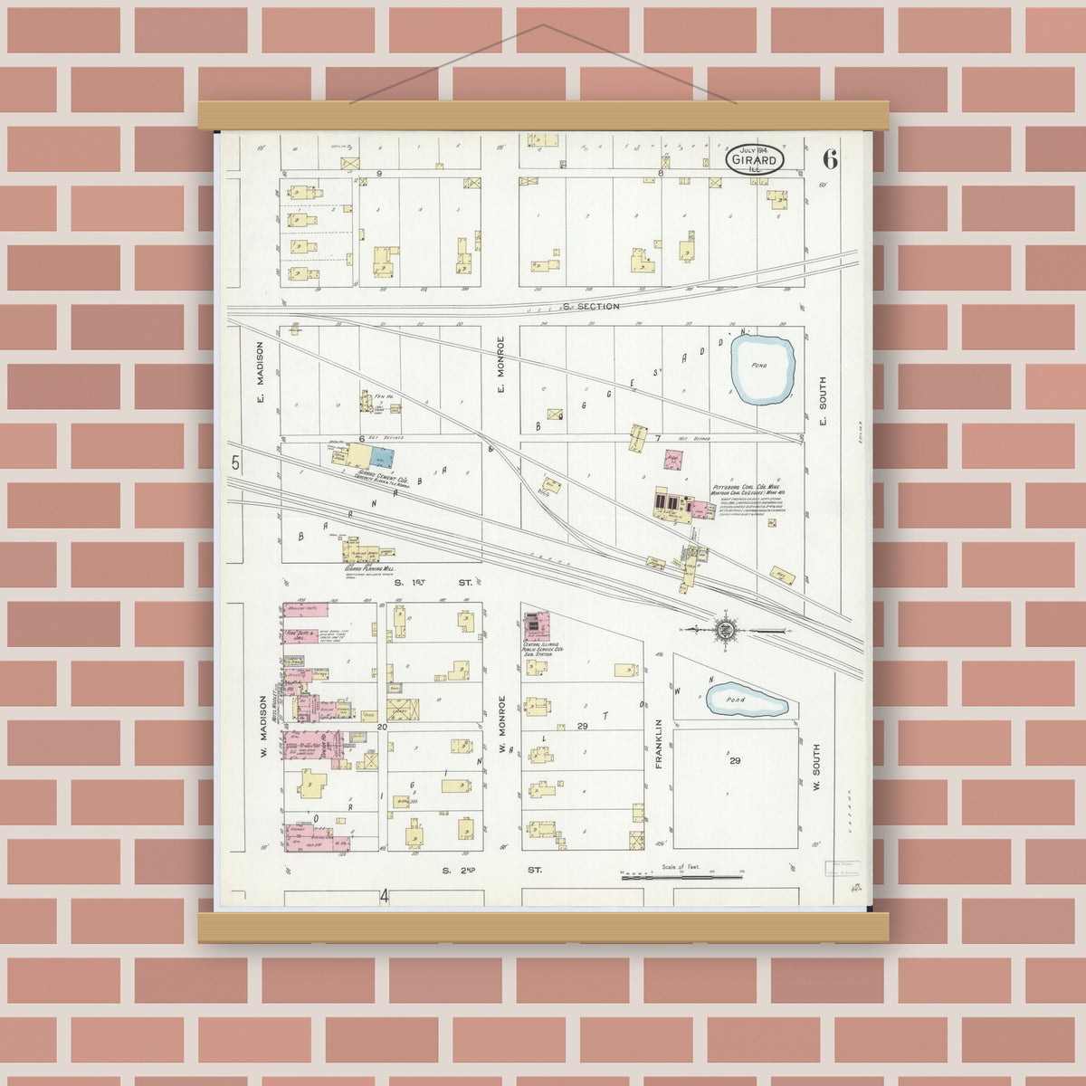 Old map wall art mockup — magnetic wood frame on brick wall — Sanborn Fire Insurance Map from Girard, Macoupin County, Illinois (1914), Sheet #0006