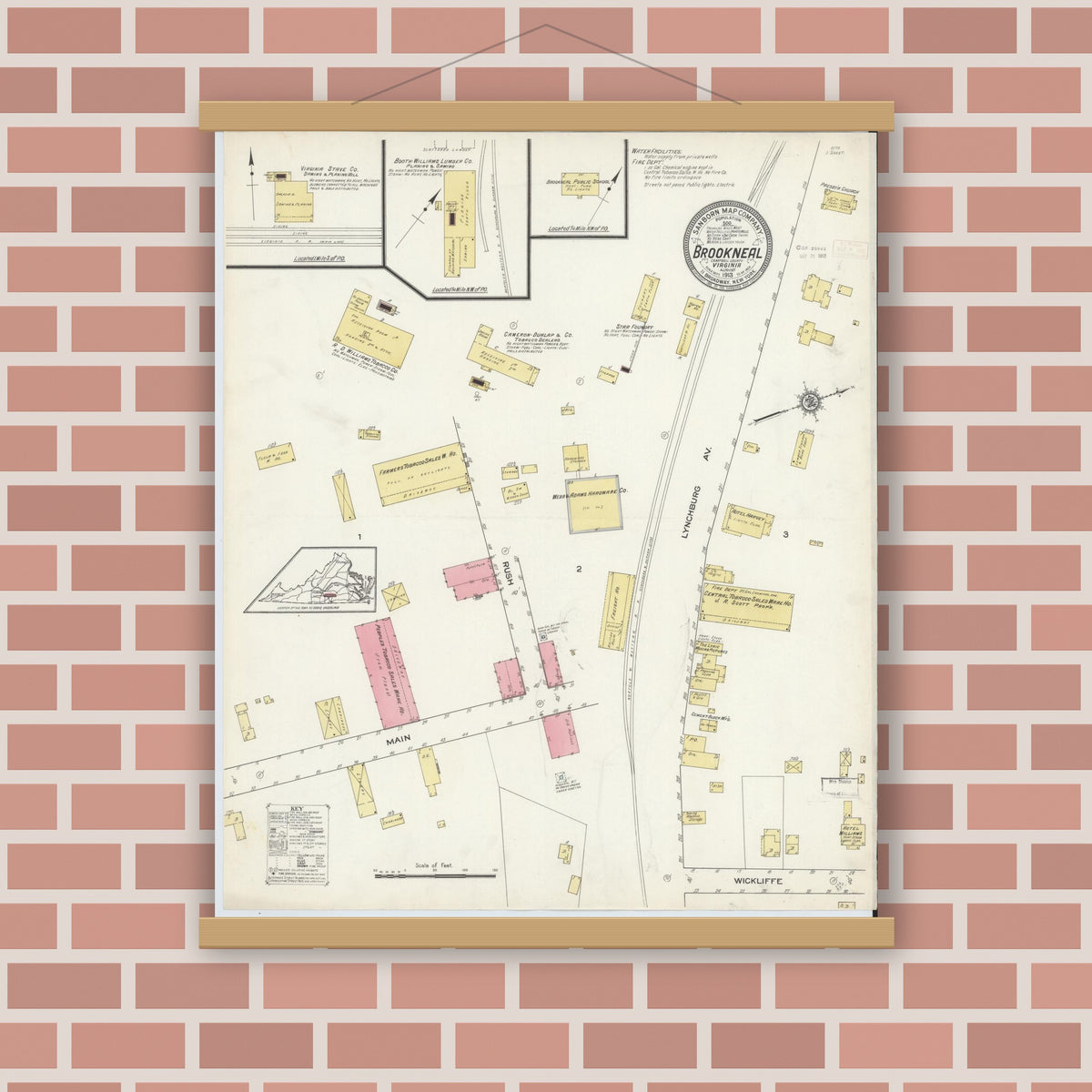 Old map wall art mockup — magnetic wood frame on brick wall — Sanborn Fire Insurance Map from Brookneal, Campbell County, Virginia (1913), Sheet #0001