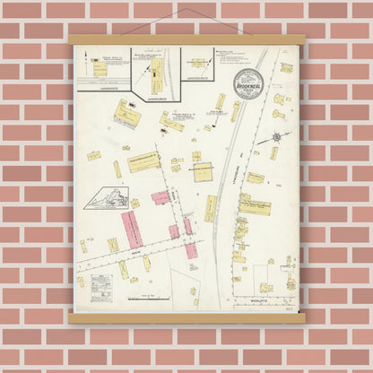 Old map wall art mockup — magnetic wood frame on brick wall — Sanborn Fire Insurance Map from Brookneal, Campbell County, Virginia (1913), Sheet #0001