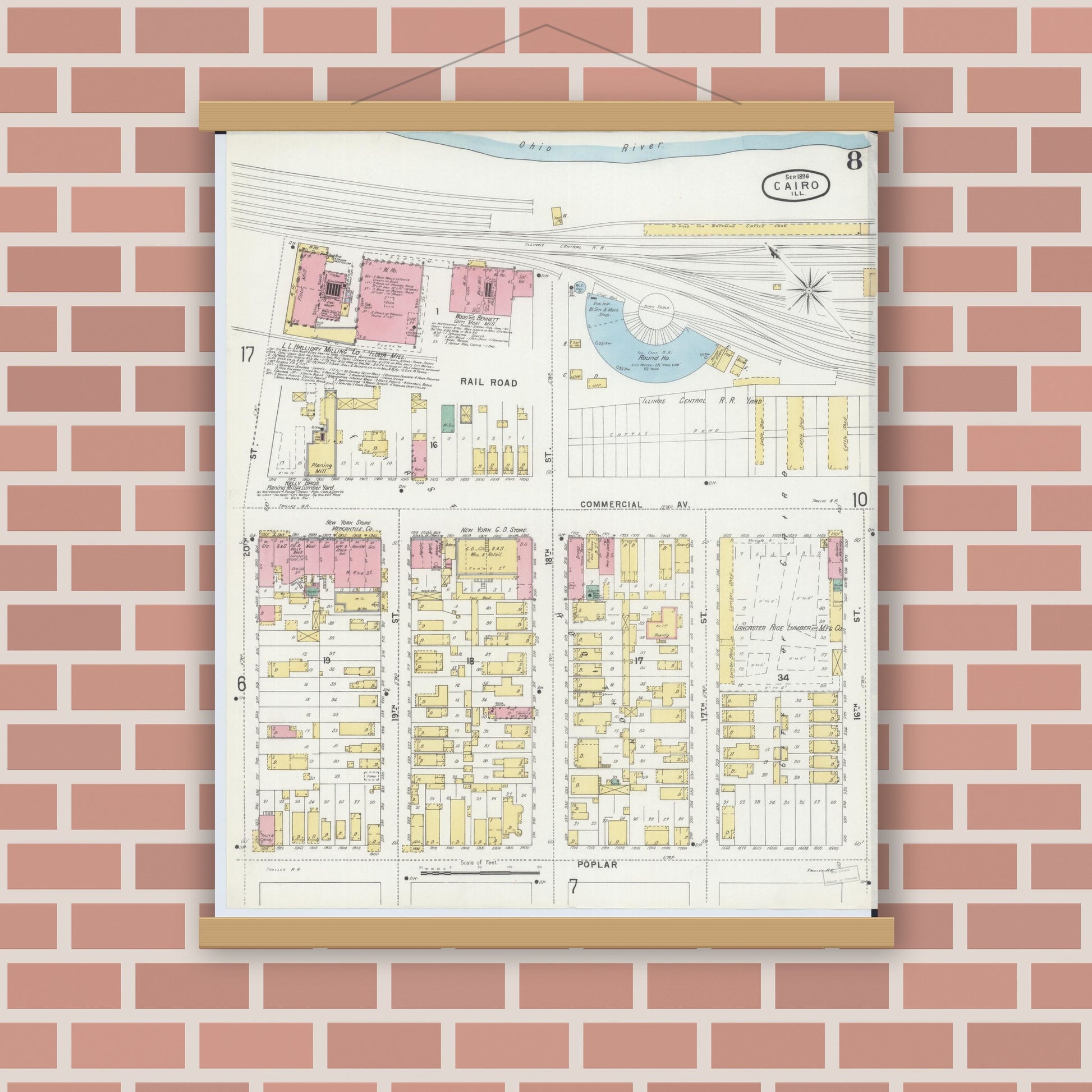 Old map wall art mockup — magnetic wood frame on brick wall — Sanborn Fire Insurance Map from Cairo, Alexander County, Illinois (1896), Sheet #0008