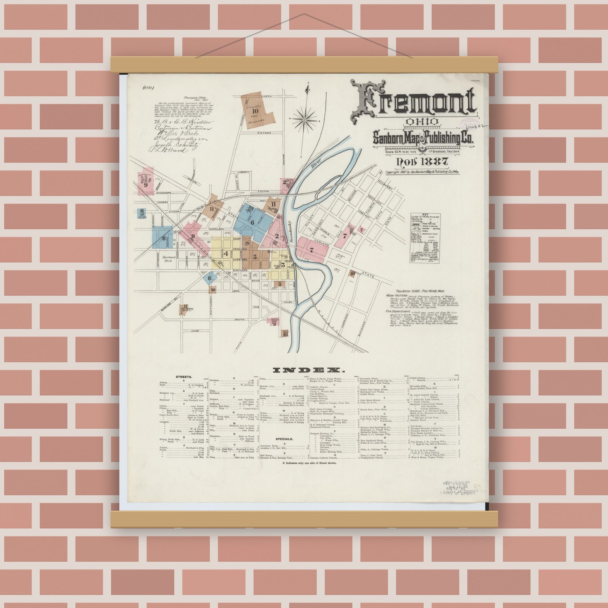 Old map wall art mockup — magnetic wood frame on brick wall — Sanborn Fire Insurance Map from Fremont, Sandusky County, Ohio (1887) - Complete Map Set