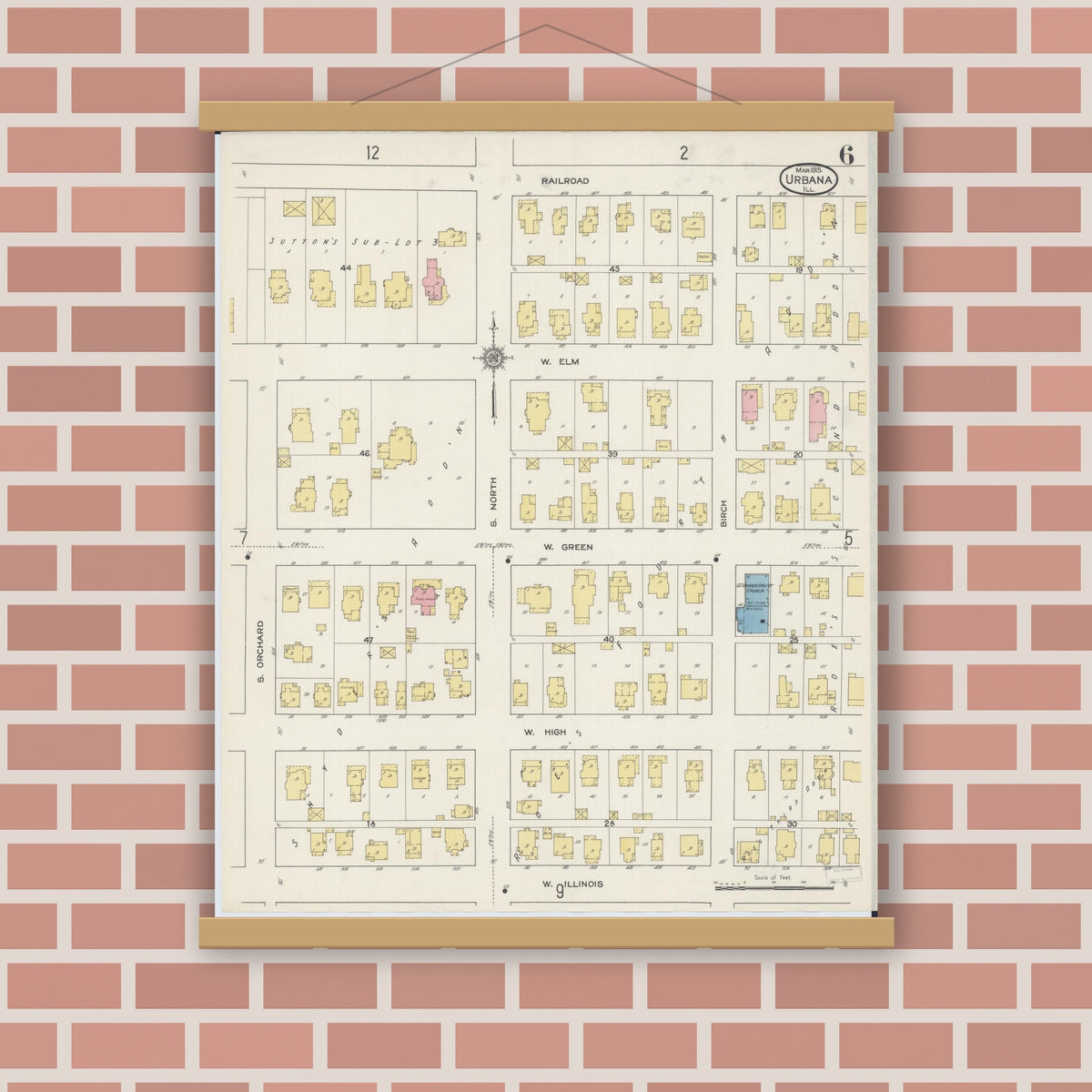 Old map wall art mockup — magnetic wood frame on brick wall — Sanborn Fire Insurance Map from Urbana, Champaign County, Illinois (1915), Sheet #0006