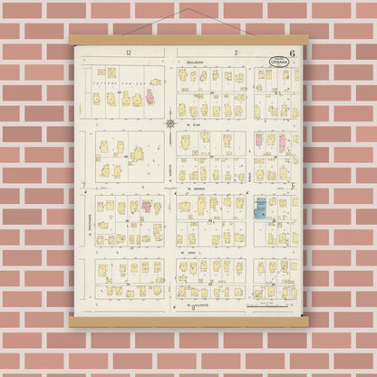 Old map wall art mockup — magnetic wood frame on brick wall — Sanborn Fire Insurance Map from Urbana, Champaign County, Illinois (1915), Sheet #0006