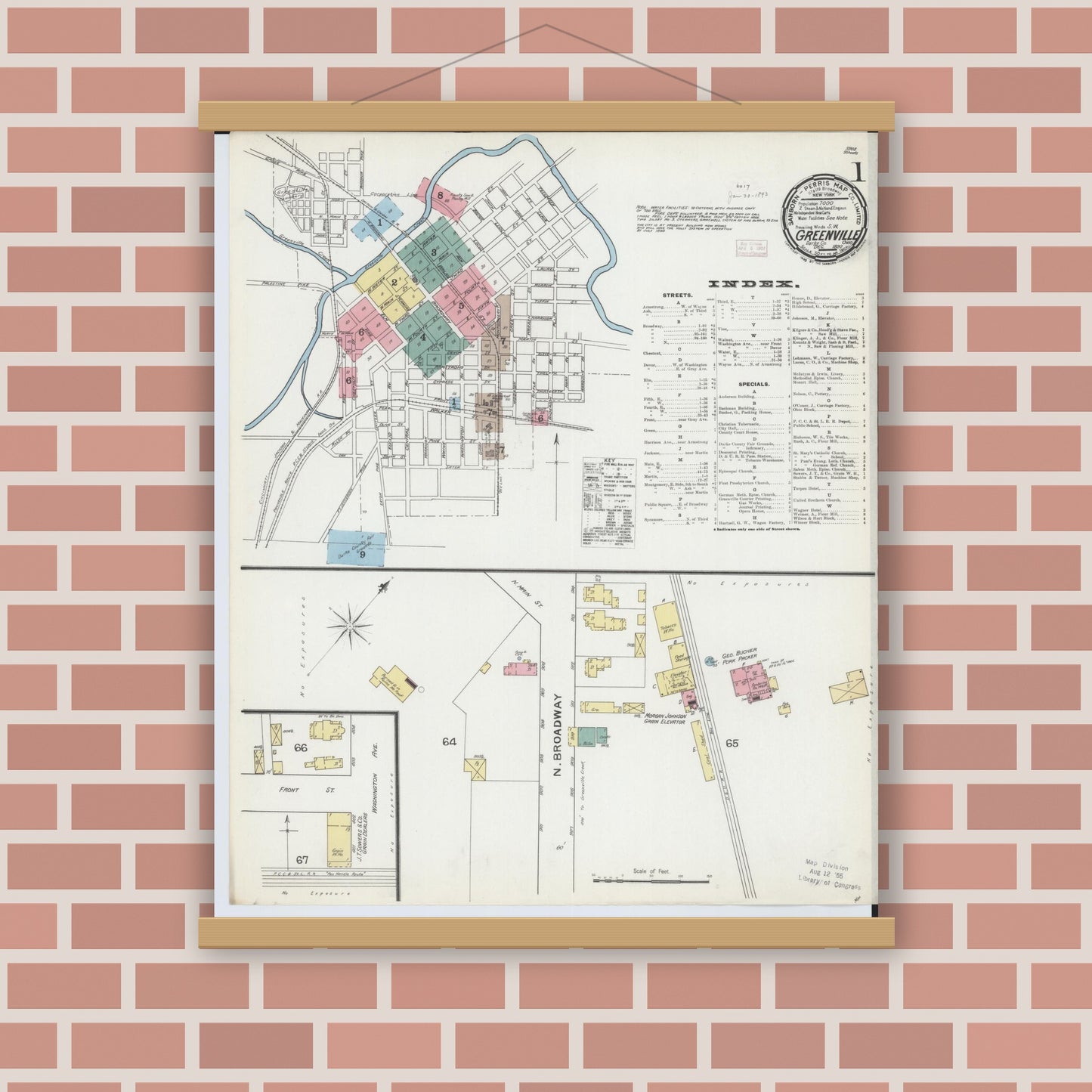 Old map wall art mockup — magnetic wood frame on brick wall — Sanborn Fire Insurance Map from Greenville, Darke County, Ohio (1892), Sheet #0001