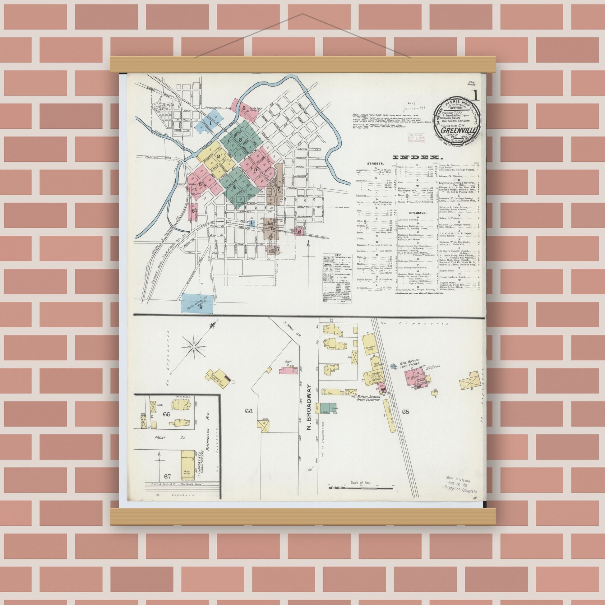 Old map wall art mockup — magnetic wood frame on brick wall — Sanborn Fire Insurance Map from Greenville, Darke County, Ohio (1892), Sheet #0001
