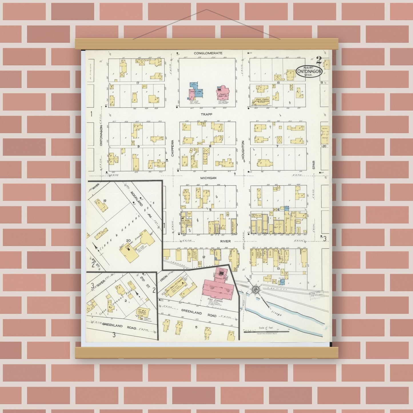 Old map wall art mockup — magnetic wood frame on brick wall — Sanborn Fire Insurance Map from Ontonagon, Ontonagon County, Michigan (1917), Sheet #0002